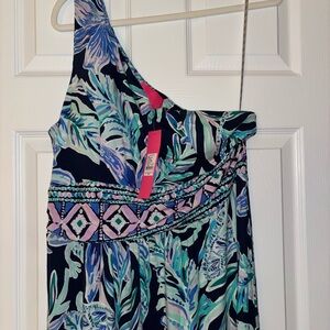 Lilly Pulitzer Navy One-Shoulder Tropical Maxi Dress